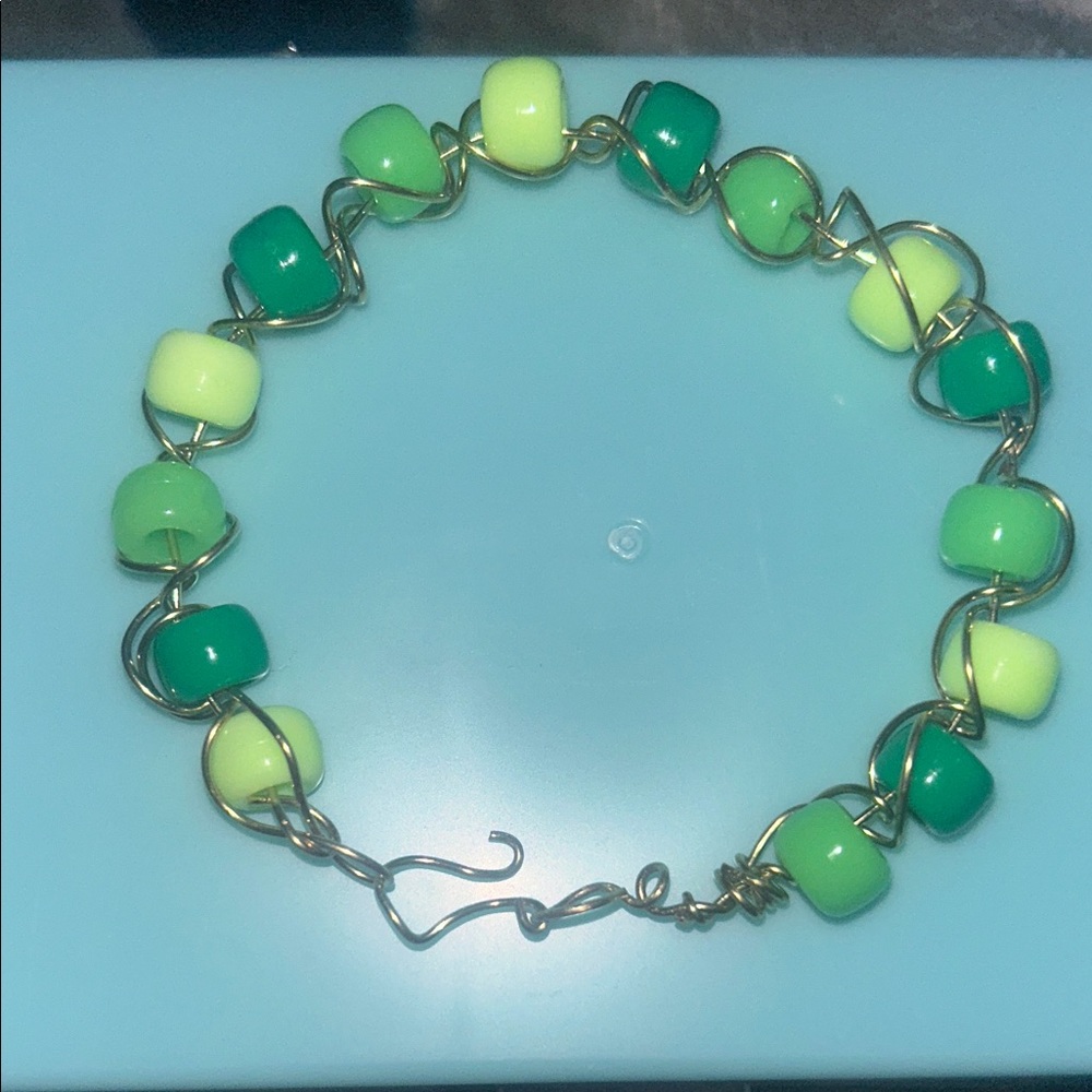 Handmade Green & Yellow Beaded Wire Bracelet